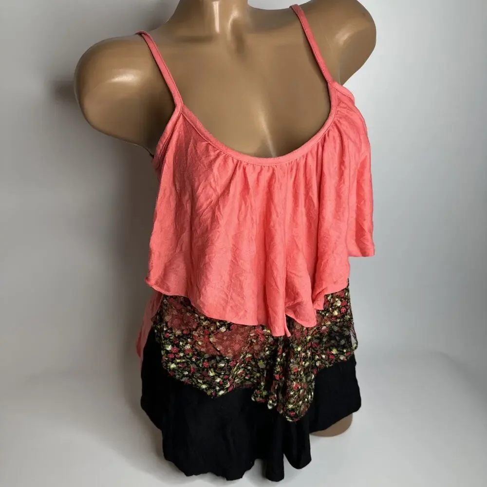 Vintage Y2K Bongo Floral Mesh Layered Cami Tank Top L Coquette Fairycore Pink